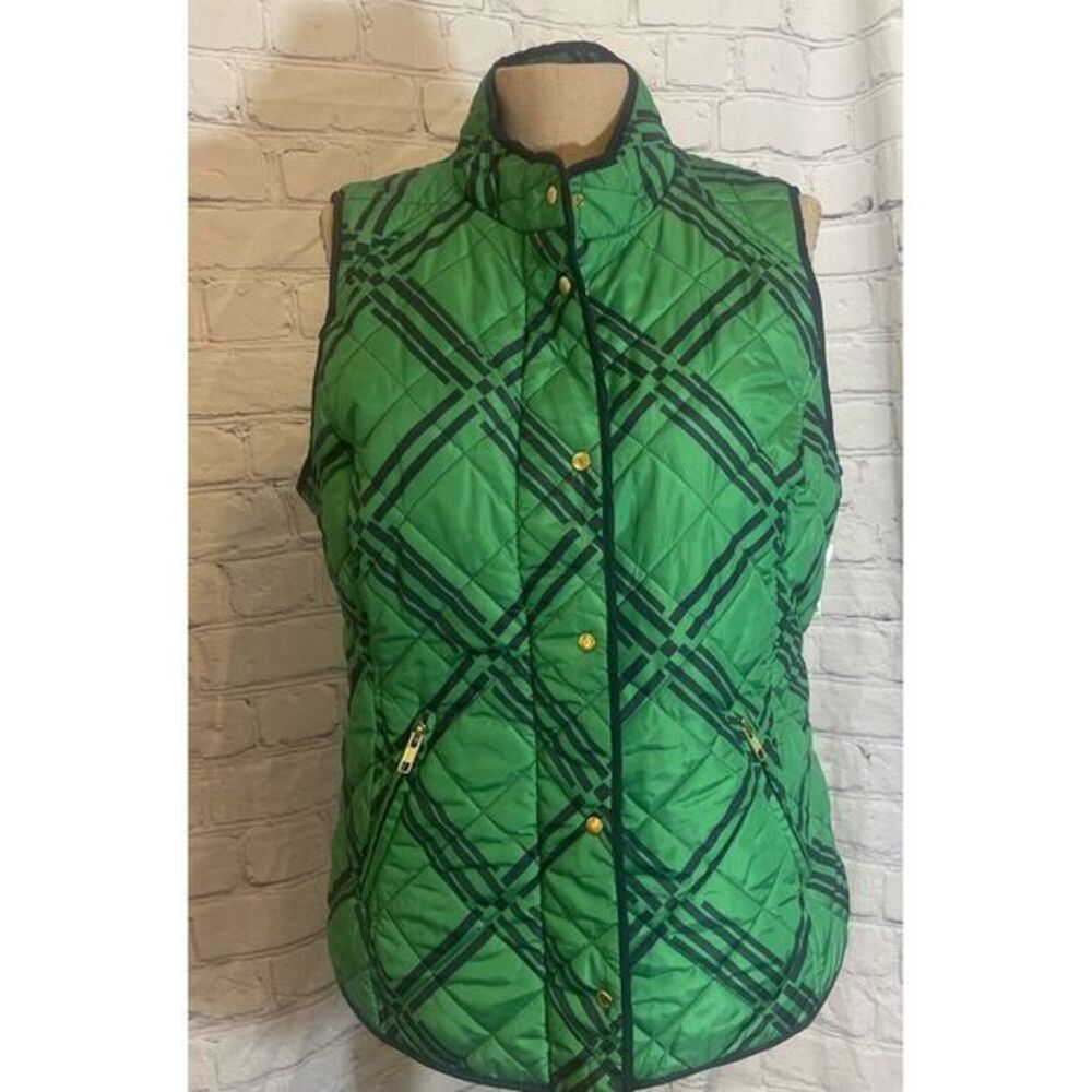 Crown‎ & Ivy Quilted Green And Blue   Zipper Up Vest 2 Pockets Gold Accents Sz M